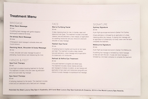 First Class Lounge Spa Treatment Menu.