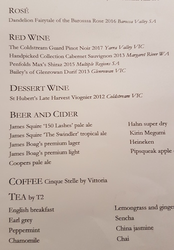 Qantas First Class Lounge Menu.